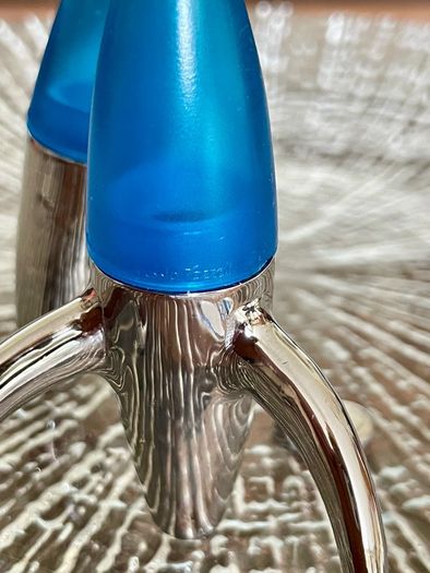 Vintage EZ ECH Centaur Salt Pepper Shakers Polished Stainless Steel Blue Space Age Design 1990s