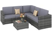 Luxury 5 Seater Rattan Garden Furniture Set, 4 Pieces Outdoor Patio Conversation Set with Wide Seats, 220gsm Polyester Cushions, Tempered Glass Table, Corner Sofa, Loveseat, Grey