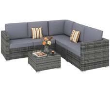 Luxury 5 Seater Rattan Garden Furniture Set, 4 Pieces Outdoor Patio Conversation Set with Wide Seats, 220gsm Polyester Cushions, Tempered Glass Table, Corner Sofa, Loveseat, Grey