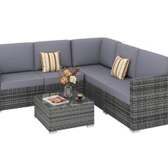 Luxury 5 Seater Rattan Garden Furniture Set, 4 Pieces Outdoor Patio Conversation Set with Wide Seats, 220gsm Polyester Cushions, Tempered Glass Table, Corner Sofa, Loveseat, Grey