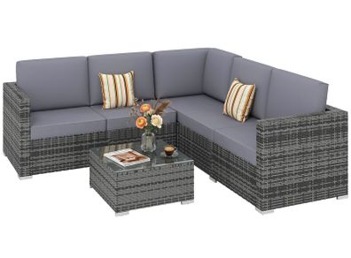 Luxury 5 Seater Rattan Garden Furniture Set, 4 Pieces Outdoor Patio Conversation Set with Wide Seats, 220gsm Polyester Cushions, Tempered Glass Table, Corner Sofa, Loveseat, Grey