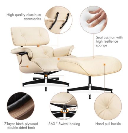 PRO W Ashwood Replica Lounge Chair with Ottoman White Lather Ashwood Wood Genuine Leather Chaise for Living Room