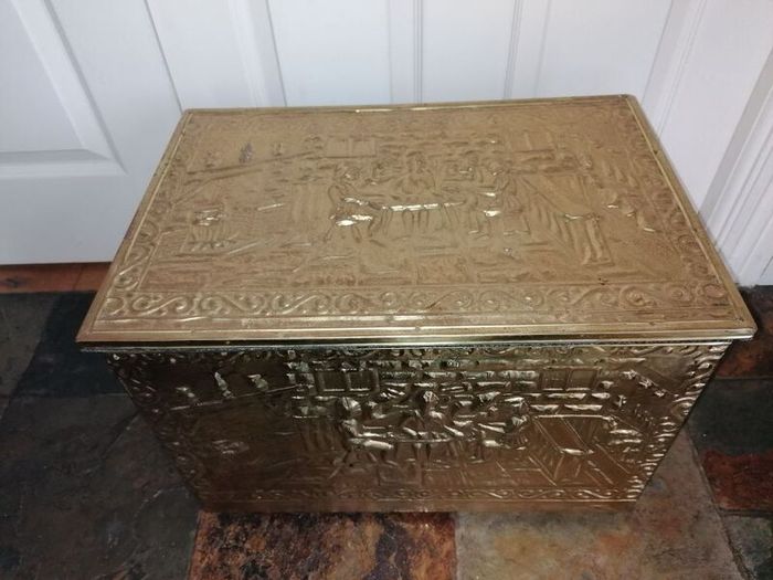 Vintage Brass on Wood Fireside Log & Turf Storage Box