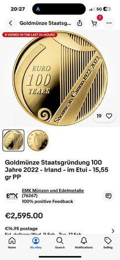 2022 100 euro GOLD PROOF IRISH COIN, 100th anniversary of the Treaty