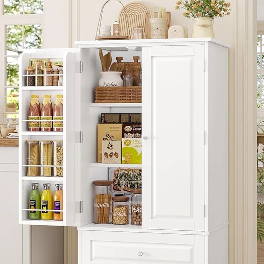 Kitchen Cupboard Tall Kitchen Cabinet Pantry Cupboard with 2 Doors Storage Free Standing Sideboard Storage Cabinet, 2 Drawers, Adjustable Shelves 60x40x120cm White