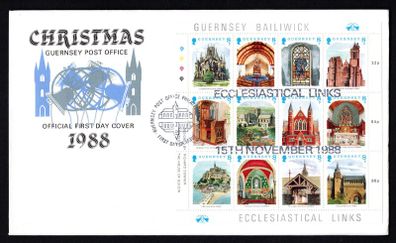 1988 Guernsey Christmas "Ecclesiastical Links" Commemorative Stamps Sheet Official First Day Cover (FDC)