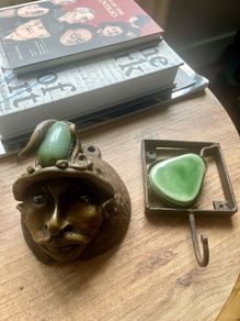 Rare 1970s Studio Craft Matched Lot - Vintage Coconut Head Plaque and Inlay Wall Hook Set