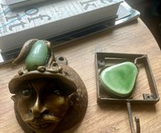 Rare 1970s Studio Craft Matched Lot - Vintage Coconut Head Plaque and Inlay Wall Hook Set