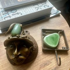 Rare 1970s Studio Craft Matched Lot - Vintage Coconut Head Plaque and Inlay Wall Hook Set