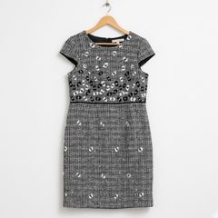 Louise Kennedy Tweed Dress Sz 16UK 12US XXL Black Office Career 3-D Floral