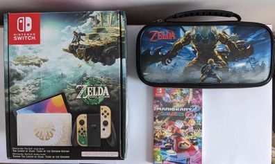 Zelda: Tears of the Kingdom OLED Nintendo Switch Console CIB + Official Breath of the Wild Switch Case + Mario Kart 8 Deluxe