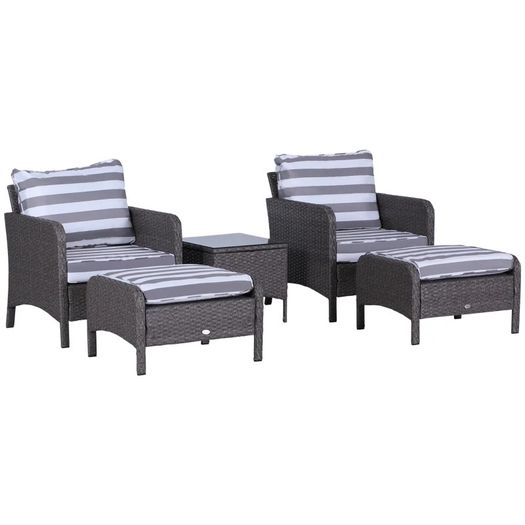 NEW SALE 5 Pcs PE Rattan Garden Furniture Set, 2 Armchairs 2 Stools Glass Top Table Cushions Wicker Weave Chairs Outdoor Seating, Dark Grey FREE SHIPPING