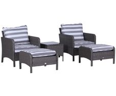 NEW SALE 5 Pcs PE Rattan Garden Furniture Set, 2 Armchairs 2 Stools Glass Top Table Cushions Wicker Weave Chairs Outdoor Seating, Dark Grey FREE SHIPPING
