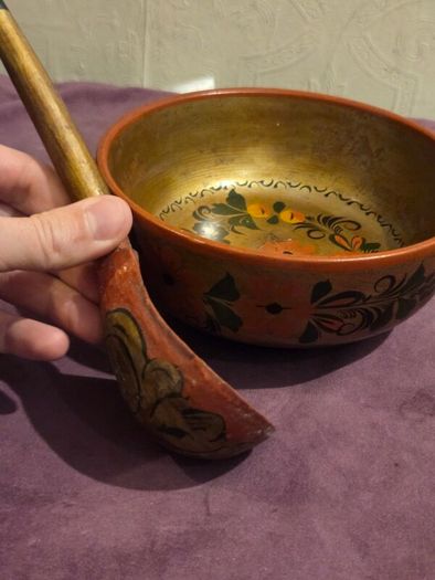 Hand Painted USSR Wooden Bowl and Spoon