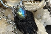 1 Soldered Flashy Blue Labradorite Crystal with Mummified Badger Paw Pendant Talisman Witchy Spiritual Amulet