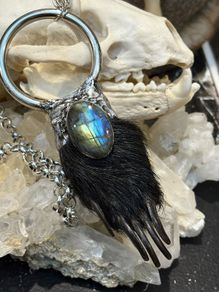 1 Soldered Flashy Blue Labradorite Crystal with Mummified Badger Paw Pendant Talisman Witchy Spiritual Amulet