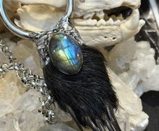 1 Soldered Flashy Blue Labradorite Crystal with Mummified Badger Paw Pendant Talisman Witchy Spiritual Amulet