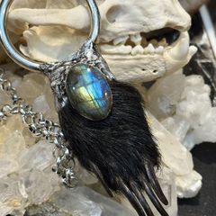 1 Soldered Flashy Blue Labradorite Crystal with Mummified Badger Paw Pendant Talisman Witchy Spiritual Amulet
