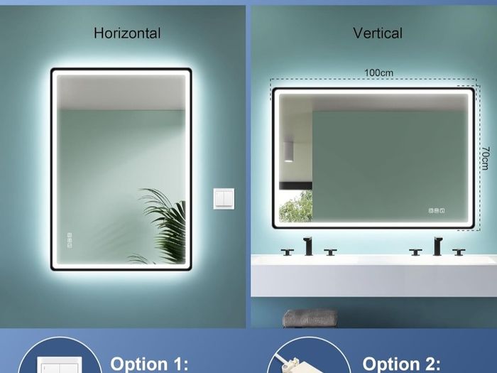 LED Bathroom Mirror 100x70cm Speakers Antifog Demister 3 Color Temperature Dual LED Black Frame Bright Light Touch Switch Makeup Cosmetic