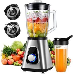 1200W Blender Smoothie Maker 2 in 1 Smoothie Blender with 1.5L Glass Jug & 650ML Travel Cup, 3 Speed Jug Blender, Professional Blenders for Smoothies, Shakes, Frozen Drinks, Ice, Sauces, Silver