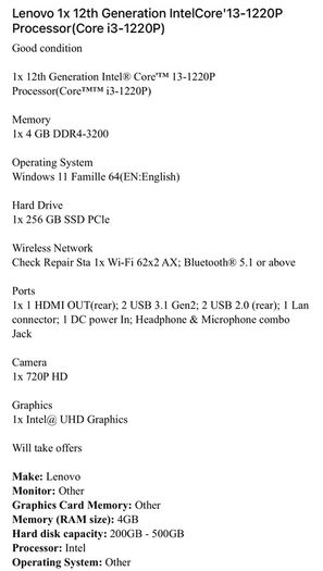 Lenovo 1x 12th Generation IntelCore'13-1220P Processor(Core