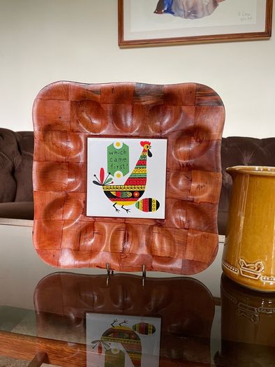 Vintage 1970s Chicken Tile on Bamboo Deviled Eggs Platter or storage