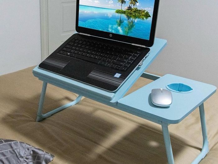 Laptop Bed Table with Foldable Legs & Cup Slot, Reading Holder Notebook Stand Breakfast Bed Tray Book Holder for Sofa, Bed, Terrace, Balcony (Blue)