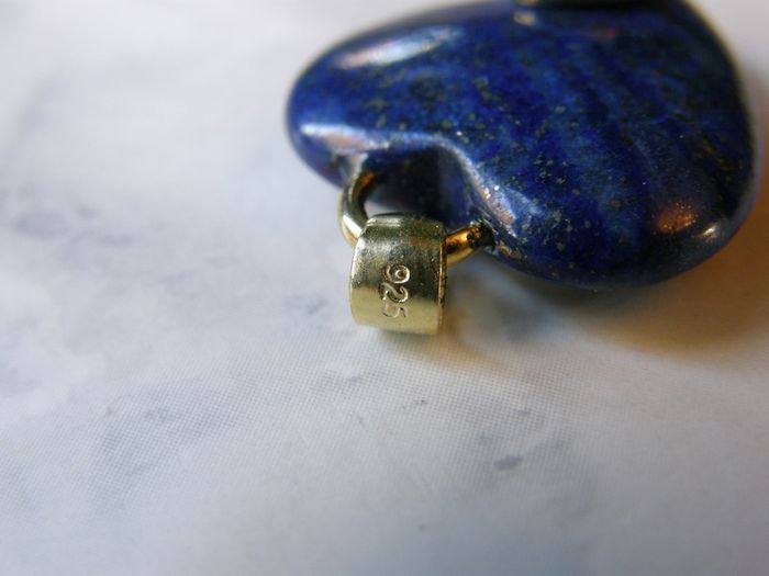 Lapis Lazuli Heart Pendant 925 Sterling Silver Blue Gemstone Cabochon Inset 25mm