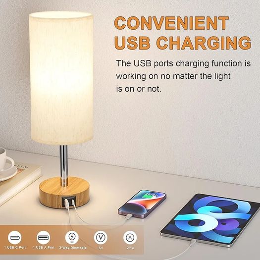 Bedside Lamps Set of 2 Touch Table Lamps with USB-C USB-A Charging Ports, 3 Way Dimmable Bedside Lamp for Bedrooms, Small Touch Lamps for Living Room (Bulb Included