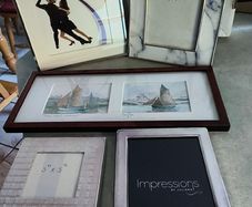 5 Different itmes-1- Framed French print of fishing boat the other is salling boat one village barflair in normanedy 28.00 euro. and 4 sliver photo frames prieced separtly
