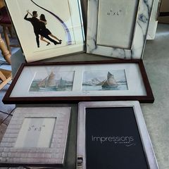 5 Different itmes-1- Framed French print of fishing boat the other is salling boat one village barflair in normanedy 28.00 euro. and 4 sliver photo frames prieced separtly