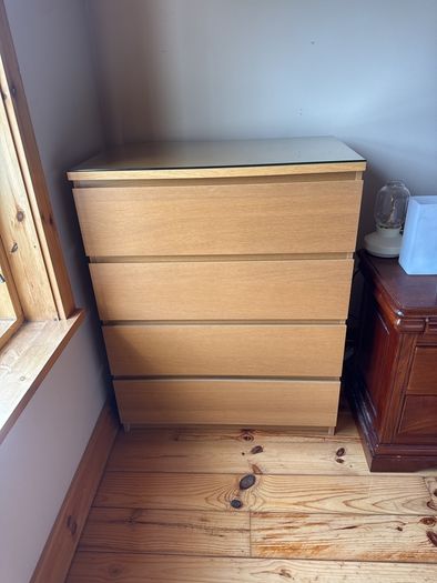 Malm four drawer dresser with glass top