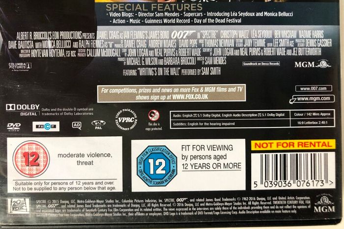 007 James Bond - Spectre [2015] Daniel Craig, Christoph Waltz, Lea Seydoux, Ben Whishaw, Naomie Harris, Dave Bautista, Monica Bellucci & Ralph Fiennes [DVD Movie]