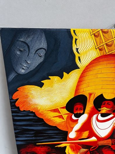 Signed Canvas Painting Striking Red and Gold Don Quixote Artwork 61.5 x 50cm