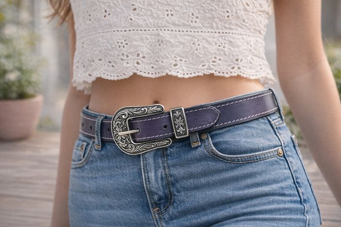 Unisex Premium Purple Genuine Leather Belt Vintage Engraved Silver Buckle