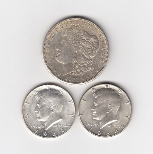 U.S.A. 1921 Morgan Dollar 90% silver coin & 2 X 1964 Kennedy 90% silver coins ( No : G41)