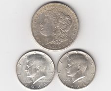 U.S.A. 1921 Morgan Dollar 90% silver coin & 2 X 1964 Kennedy 90% silver coins ( No : G41)