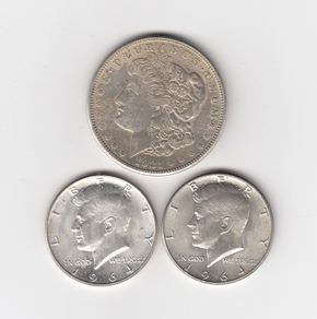 U.S.A. 1921 Morgan Dollar 90% silver coin & 2 X 1964 Kennedy 90% silver coins ( No : G41)