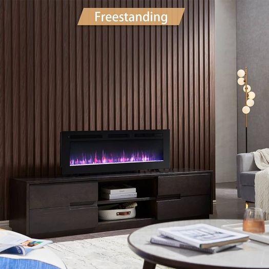 SALE FlameKo Wilton 50''/127cm 3 in 1 Electric Fireplace, Freestanding, Wall Mounted, Recessed, 9 Colour Flame Effect, Media Wall Compatible, 900W - 1800W Heater, Remote Control, Black