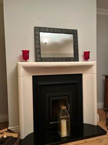 Decorative wooden mirror, grey with gold swirls
