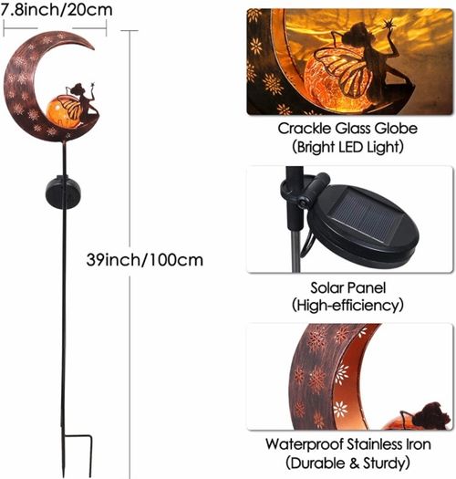 100cm Metal Fairy Sitting on Moon Solar Lights for Garden Ornaments Outdoor, Solar Stake with Crackle Glass Ball, Decorative Garden Gifts for Flowerbed, Walkway, Pathway