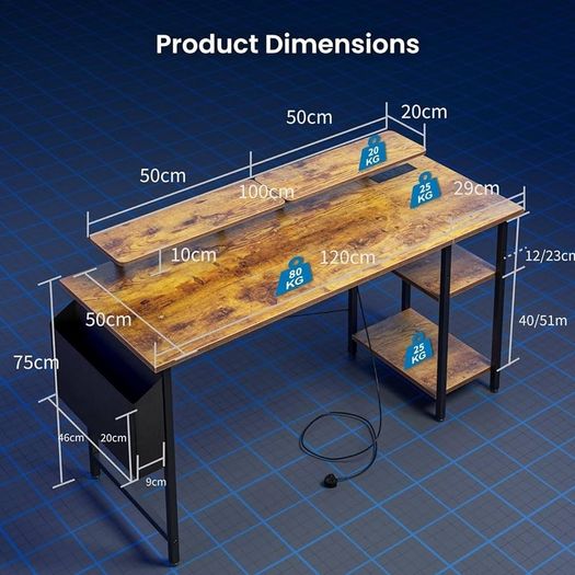 Gaming Desk with LED Lights Power Computer Desk with Storage Shelves Dual Monitor Stands Study  Brown