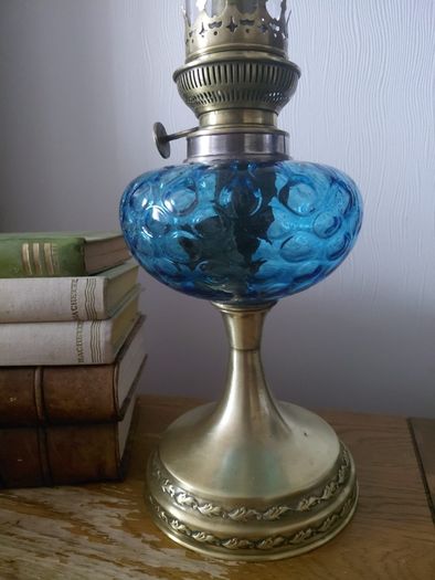 vintage French blue glass oil lamp works