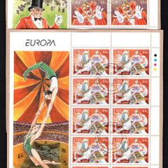 2002 Ireland Europa Circus (41c Clown & 44c Lady on Horse) Sheetlet Fine Used with Dublin CDS cancel of 14th May 2002 (Frist day of issued) on envelope extract.