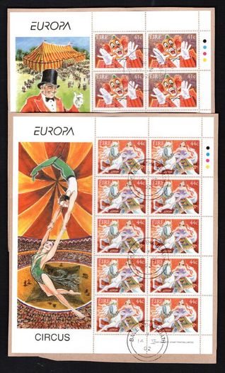 2002 Ireland Europa Circus (41c Clown & 44c Lady on Horse) Sheetlet Fine Used with Dublin CDS cancel of 14th May 2002 (Frist day of issued) on envelope extract.