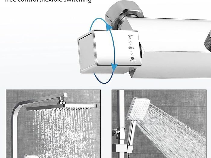 Shower System Thermostatic Set, Chrome Shower Riser Rail with Adjustable Rainfall Shower, Scalding Protection Bath Tap, Anti-Kink Bath Hose (Square, Chrome)