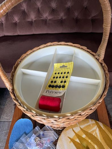 Mid Century Table Height Vintage Wicker Sewing Craft Basket 60s