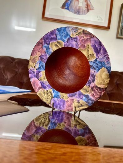 Hand Lathed Signed Coloured Edge Bowl Solid Mahogany