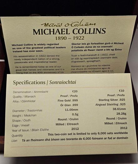 Ireland Silver Proof 2012 Michael Collins 1890-1922 Commemorative Silver and Gold Proof Coin Set in Original Holder with COA Stunning!