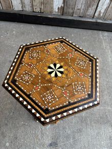 Hexagonal Damascene Fruitwood Tea Table with Mosaic Detailing, 1890s